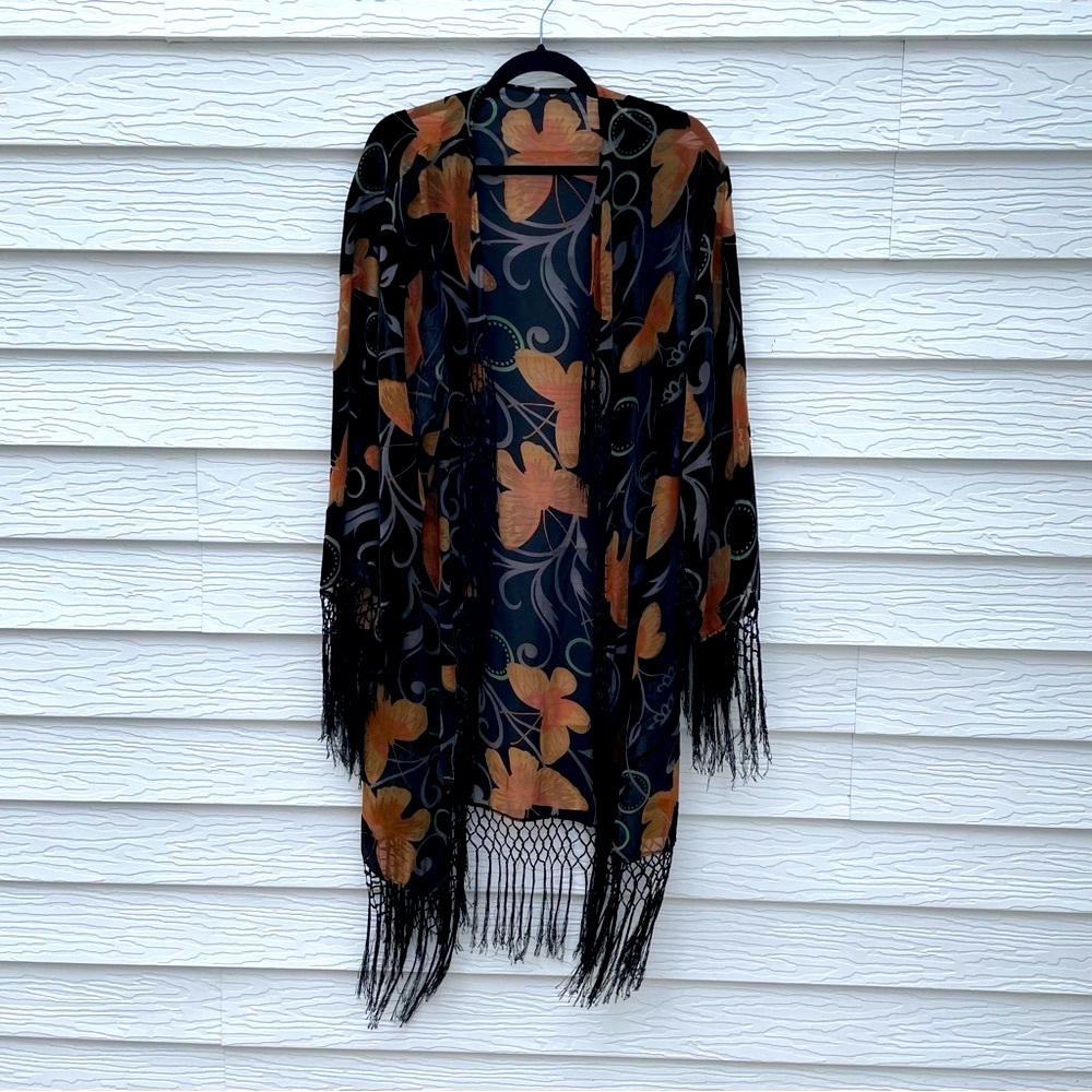 Haus of denim and lace black burnout velvet butterfly fringe kimono sized M- XL